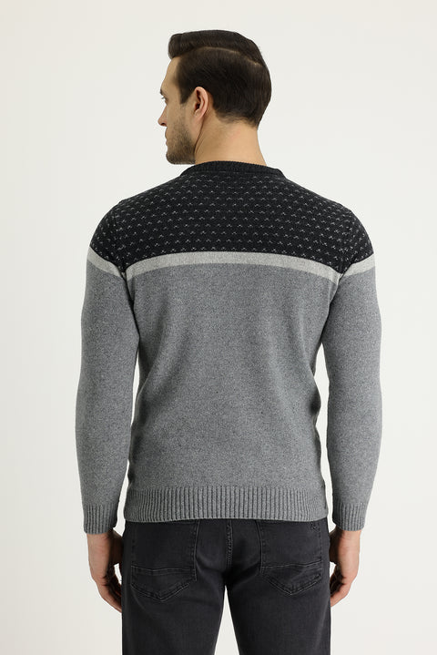 Light Grey Melange Crew Neck Wool Blend Patterned Knit Sweater