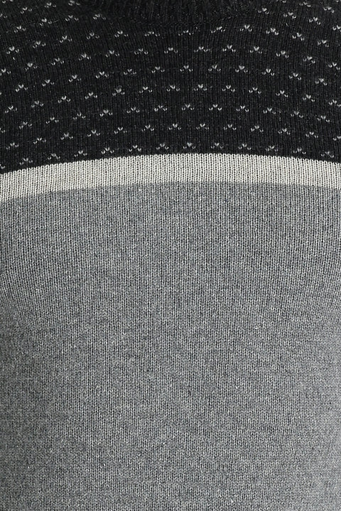 Light Grey Melange Crew Neck Wool Blend Patterned Knit Sweater