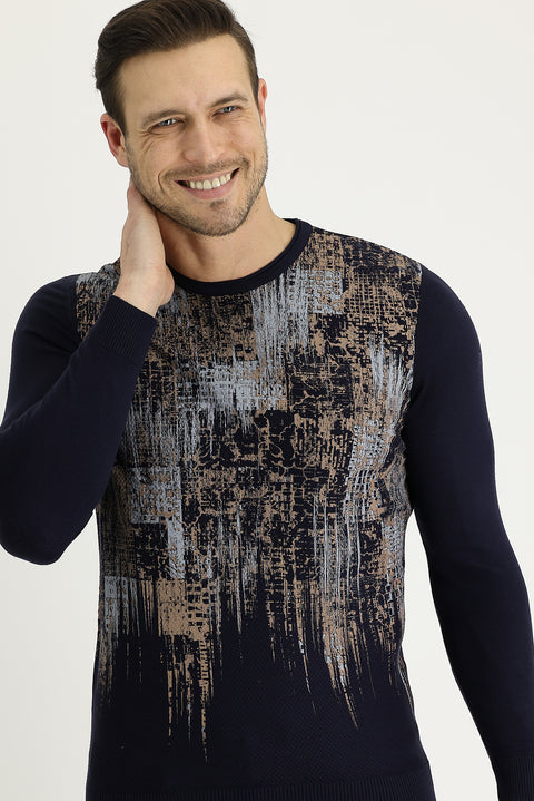 Koyu Lacivert Bisiklet Yaka Slim Fit Dar Kesim Desenli Triko Kazak