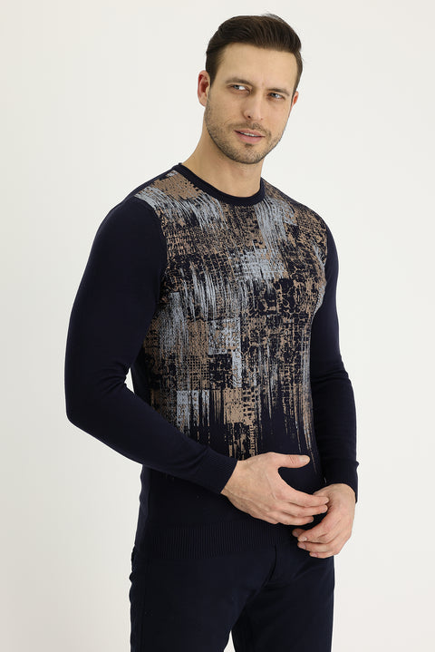 Koyu Lacivert Bisiklet Yaka Slim Fit Dar Kesim Desenli Triko Kazak