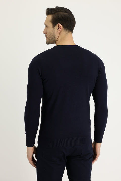 Koyu Lacivert Bisiklet Yaka Slim Fit Dar Kesim Desenli Triko Kazak