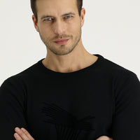 Black Crew Neck Slim Fit Patterned Knit Sweater