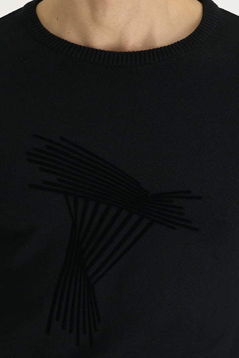 Black Crew Neck Slim Fit Patterned Knit Sweater