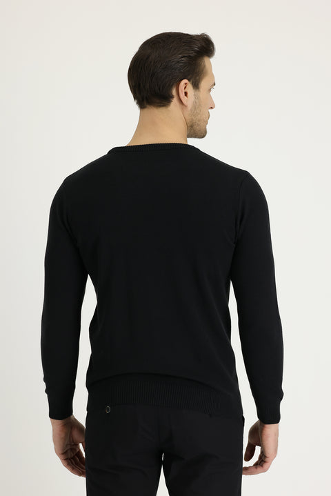 Black Crew Neck Slim Fit Patterned Knit Sweater