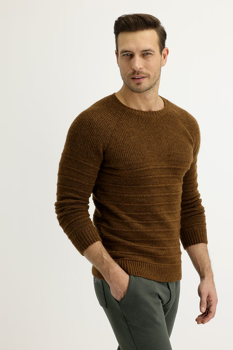 Tarçın Bisiklet Yaka Slim Fit Dar Kesim Yünlü Desenli Triko Kazak