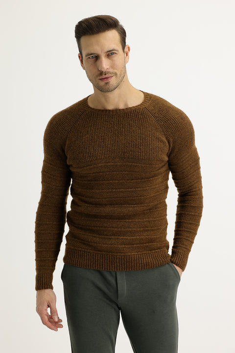 Tarçın Bisiklet Yaka Slim Fit Dar Kesim Yünlü Desenli Triko Kazak