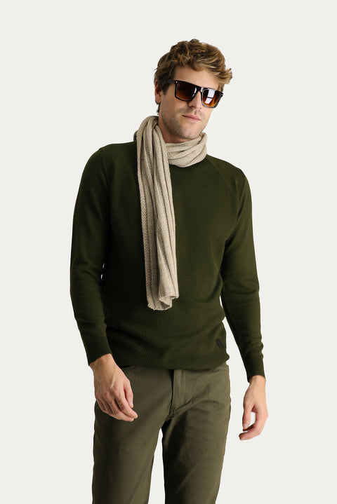 Medium Khaki Crew Neck Slim Fit Narrow Cut Patterned Knit Sweater
