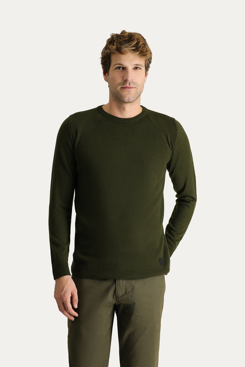 Medium Khaki Crew Neck Slim Fit Narrow Cut Patterned Knit Sweater