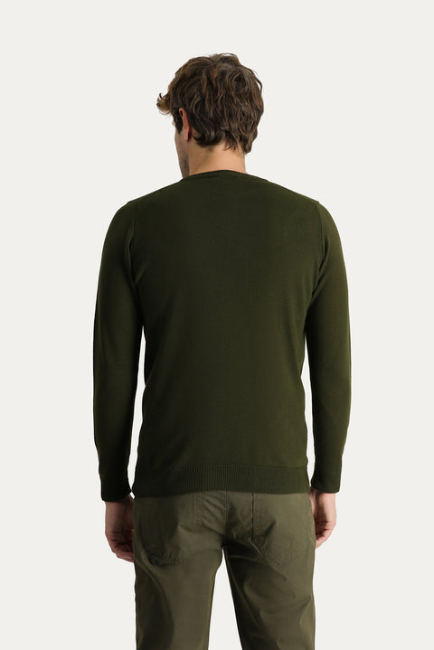 Medium Khaki Crew Neck Slim Fit Narrow Cut Patterned Knit Sweater