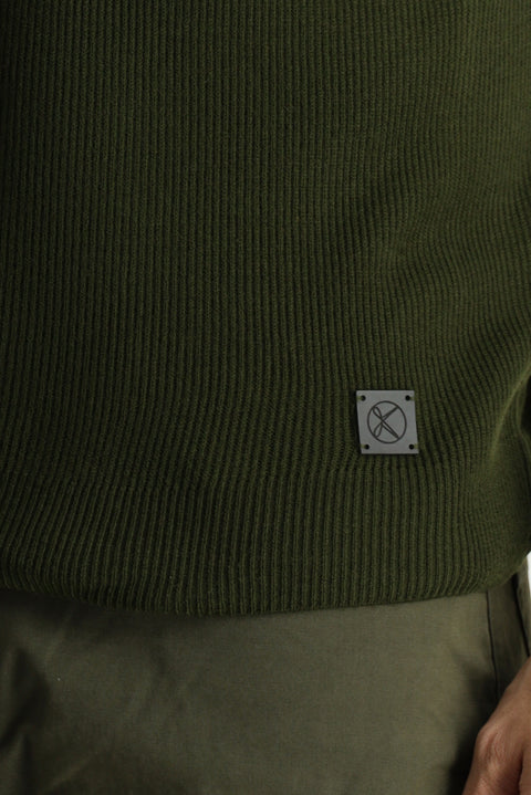 Medium Khaki Crew Neck Slim Fit Narrow Cut Patterned Knit Sweater