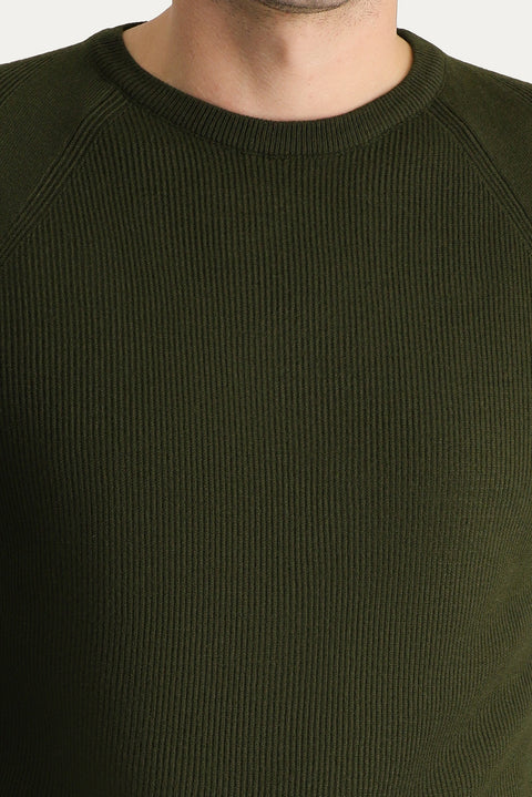 Medium Khaki Crew Neck Slim Fit Narrow Cut Patterned Knit Sweater