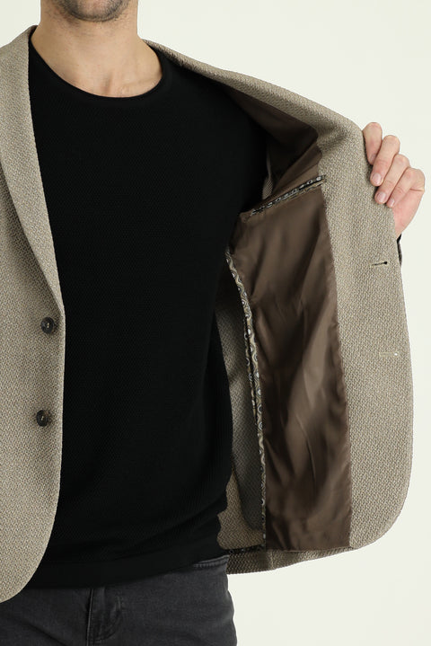 Orta Bej 7 Drop Super Slim Fit Eksra Dar Kesim Desenli Ceket