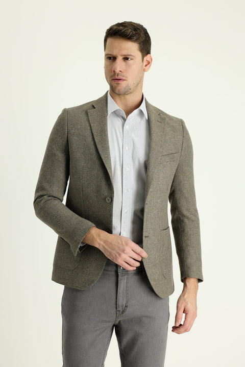 Medium Brown 7 Drop Slim Fit Patterned Wool Jacket