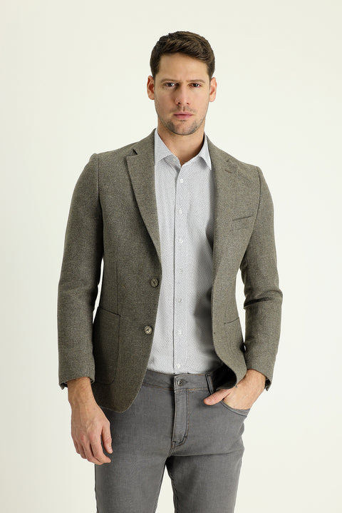 Medium Brown 7 Drop Slim Fit Patterned Wool Jacket