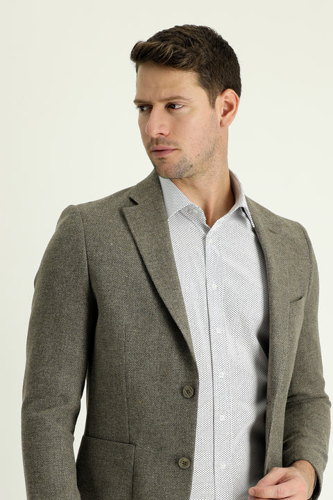 Medium Brown 7 Drop Slim Fit Patterned Wool Jacket