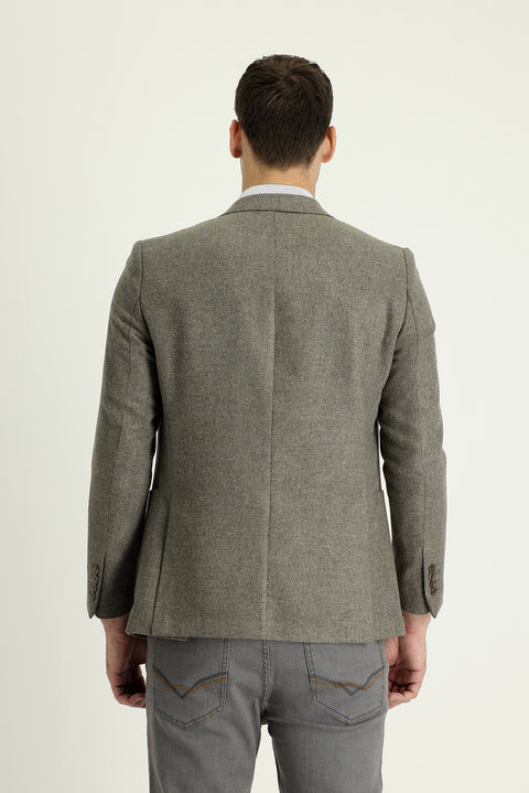 Medium Brown 7 Drop Slim Fit Patterned Wool Jacket