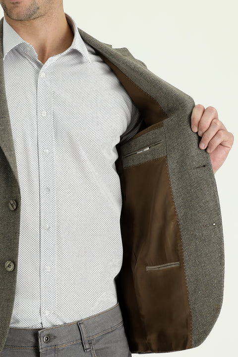 Medium Brown 7 Drop Slim Fit Patterned Wool Jacket
