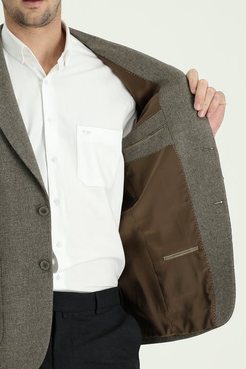 Medium Brown 7 Drop Slim Fit Patterned Wool Jacket