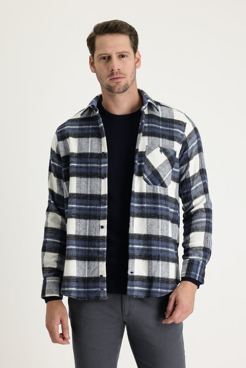 Koyu Mavi Uzun Kol Regular Fit Ekose Shacket Oduncu Gömlek