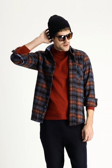 Koyu Mavi  Uzun Kol Regular Fit Ekose Shacket Oduncu Pamuklu Gömlek