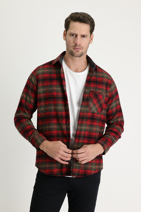 Açık Bordo Uzun Kol Regular Fit Ekose Shacket Oduncu Pamuklu Gömlek
