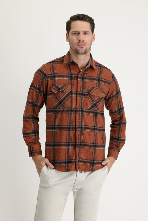 Tan Long Sleeve Regular Fit Plaid Shacket Lumberjack Cotton Shirt