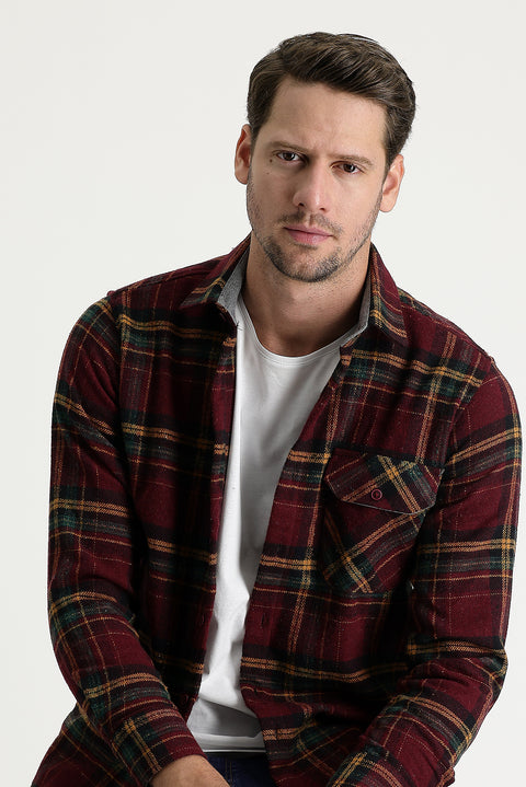 Dark Burgundy Regular Fit Plaid Shacket Cotton Shirt