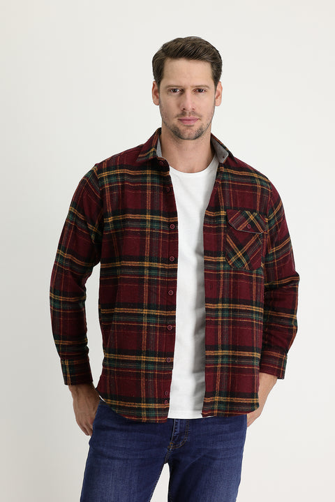 Dark Burgundy Regular Fit Plaid Shacket Cotton Shirt