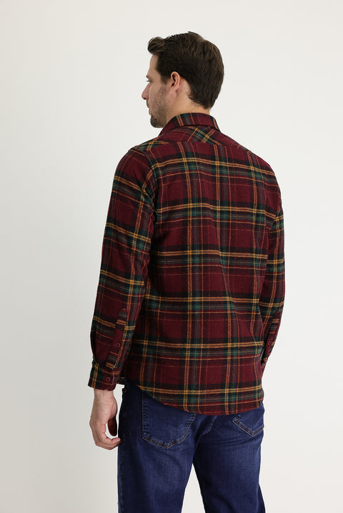 Dark Burgundy Regular Fit Plaid Shacket Cotton Shirt