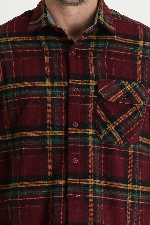 Dark Burgundy Regular Fit Plaid Shacket Cotton Shirt
