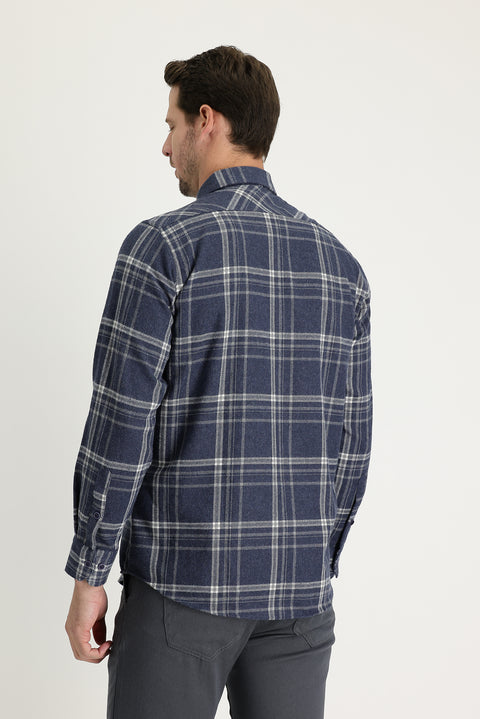 Koyu Lacivert Regular Fit Ekose Shacket Oduncu Gömlek