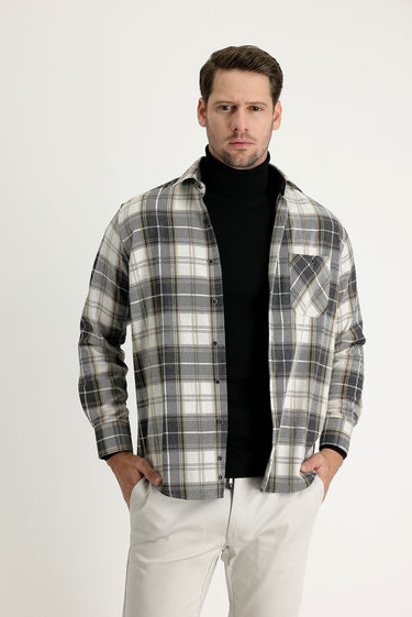 Açık Bej Regular Fit Ekose Shacket Gömlek