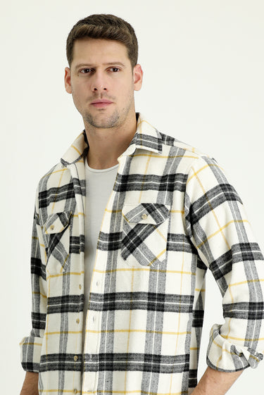 Ekru Uzun Kol Regular Fit Ekose Shacket Oduncu Gömlek