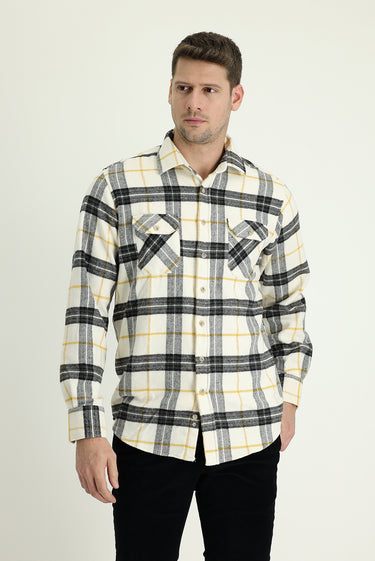 Ekru Uzun Kol Regular Fit Ekose Shacket Oduncu Gömlek