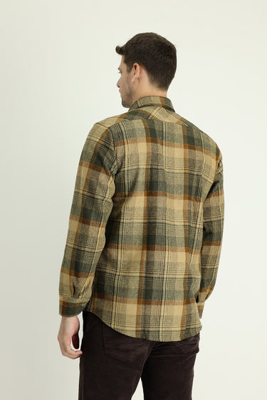 Koyu Bej Uzun Kol Regular Fit Ekose Shacket Oduncu Gömlek