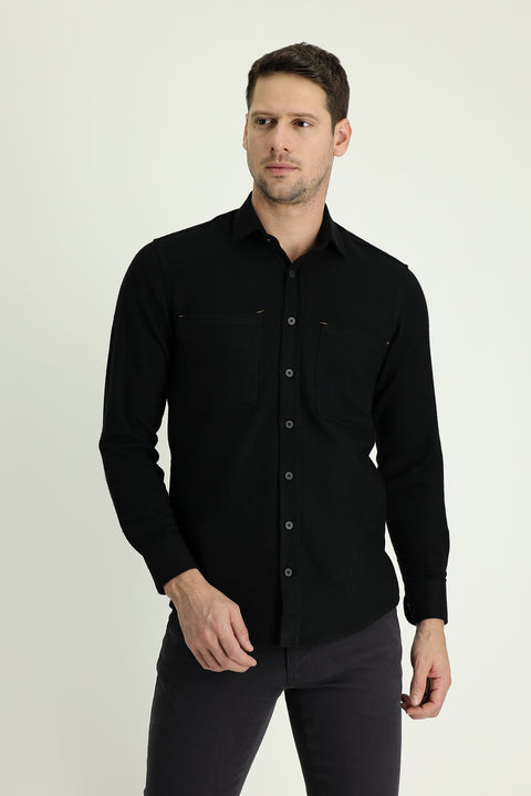 Siyah Uzun Kol Slim Fit Dar Kesim Spor Pamuklu Gömlek