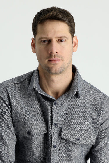 Koyu Lacivert Uzun Kol Slim Fit Dar Kesim Desenli Shacket Oduncu Pamuklu Gömlek