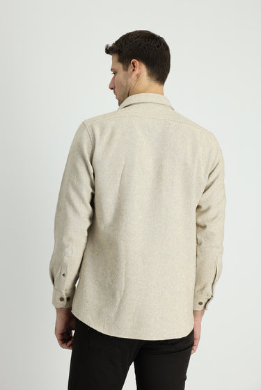 Açık Bej Uzun Kol Slim Fit Dar Kesim Desenli Shacket Oduncu Gömlek