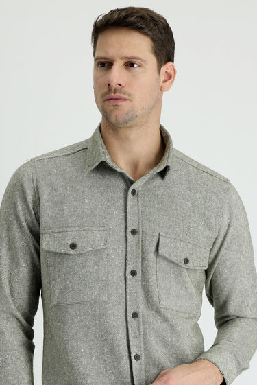 Koyu Yeşil Uzun Kol Slim Fit Dar Kesim Desenli Shacket Oduncu Gömlek