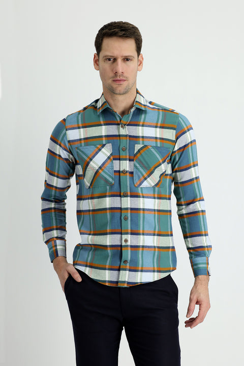 Koyu Yeşil Uzun Kol Slim Fit Dar Kesim Ekose Oduncu Pamuklu Gömlek