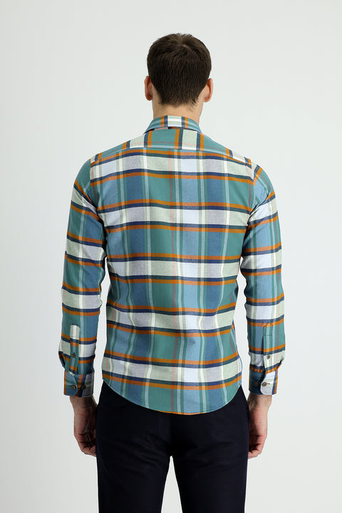 Koyu Yeşil Uzun Kol Slim Fit Dar Kesim Ekose Oduncu Pamuklu Gömlek