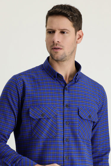 Saks Mavi Uzun Kol Slim Fit Dar Kesim Ekose Shacket Oduncu Pamuklu Gömlek