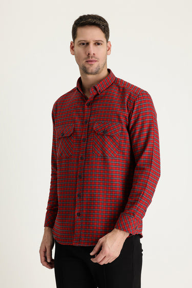 Açık Kırmızı Uzun Kol Slim Fit Dar Kesim Ekose Shacket Oduncu Pamuklu Gömlek
