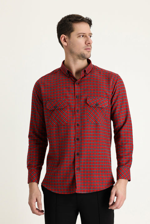Açık Kırmızı Uzun Kol Slim Fit Dar Kesim Ekose Shacket Oduncu Pamuklu Gömlek