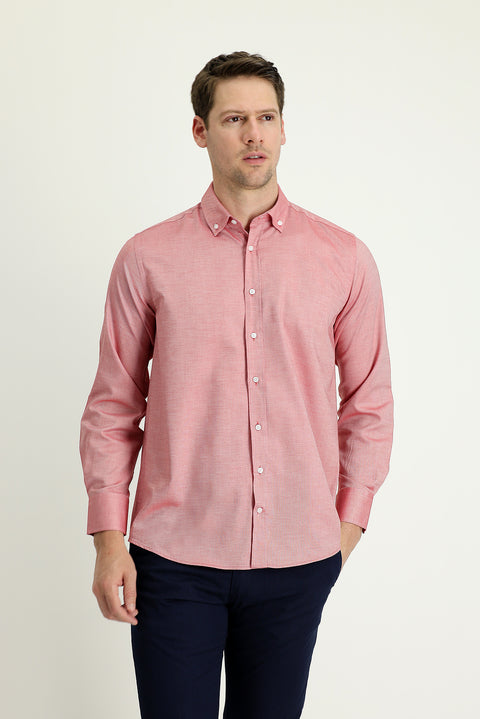 Light Red Long Sleeve Regular Fit Oxford Cotton Shirt