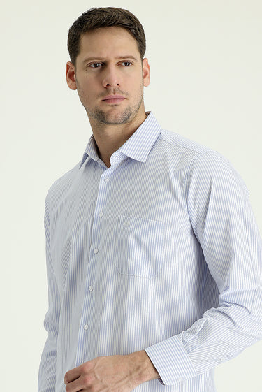Açık Mavi Uzun Kol Regular Fit Çizgili Pamuklu Gömlek