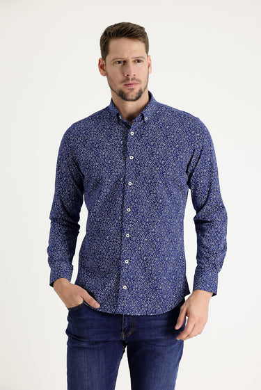 Koyu Lacivert Uzun Kol Slim Fit Dar Kesim Baskılı Pamuk Gömlek