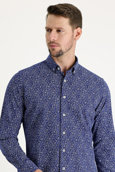 Koyu Lacivert Uzun Kol Slim Fit Dar Kesim Baskılı Pamuk Gömlek