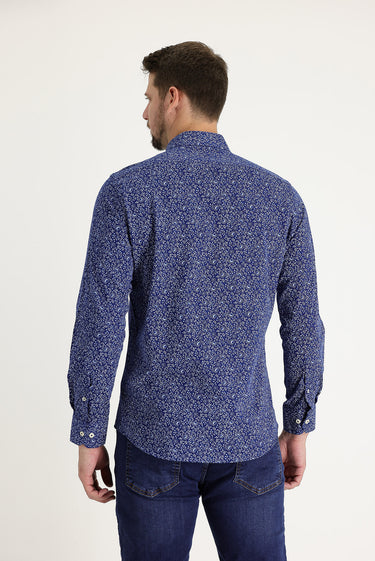 Koyu Lacivert Uzun Kol Slim Fit Dar Kesim Baskılı Pamuk Gömlek