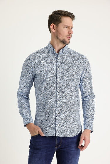Açık Mavi Uzun Kol Slim Fit Dar Kesim Baskılı Pamuk Gömlek